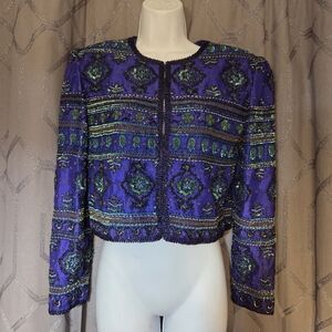 Vintage 1994 Niteline Della Roufogali Purple Silk Beaded Sequin Crop Jacket S